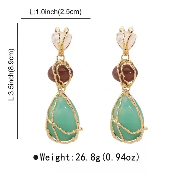 Zara Gold Green Stone Drop Earrings - Picture 8 of 10